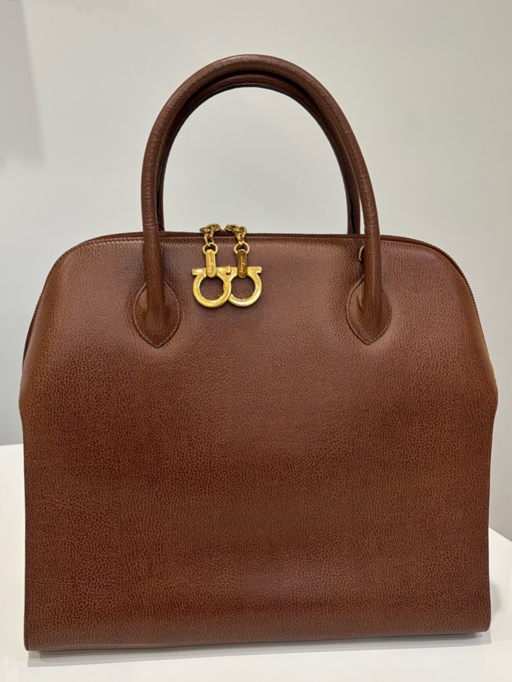 588. Salvatore Ferragamo Brown Leather Satchel with Gold Hardware
